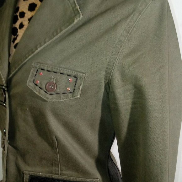 "JADED BY KNIGHT” Army Green Moto Blazer/Black Real LeatherAccents&Crystals M - Picture 6 of 8